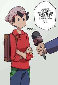 2boys backpack bag beanie brown_hair cardigan cowboy_shot english_text green_headwear grey_cardigan hat highres holding interview long_sleeves male_hand microphone multiple_boys nintendo nisego pokemon pokemon_swsh red_shirt shirt short_hair simple_background speech_bubble standing victor_(pokemon)