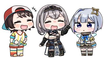 +++ 3girls :d :o amane_kanata amane_kanata_(1st_costume) armored_boots asymmetrical_legwear backwards_hat baseball_cap black_boots black_gloves black_skirt blue_hair blue_skirt blush_stickers boots braid breasts brown_hair chibi cleavage closed_eyes fingerless_gloves gloves grey_hair grey_jacket hat headpiece highres hololive jacket medium_breasts mismatched_legwear mochimiko multicolored_hair multiple_girls oozora_subaru oozora_subaru_(1st_costume) open_mouth parted_lips puffy_short_sleeves puffy_sleeves purple_eyes red_thighhighs shirogane_noel shirogane_noel_(1st_costume) shirt shoes short_sleeves shorts simple_background single_hair_intake skirt smile socks standing striped_clothes striped_shirt tears thighhighs two-tone_hair vertical-striped_clothes vertical-striped_shirt virtual_youtuber white_background white_shirt white_shoes white_shorts white_thighhighs