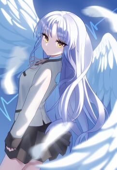 1girl absurdres angel angel_beats! angel_wings black_skirt blue_background blurry closed_mouth commentary cowboy_shot depth_of_field dutch_angle expressionless eyelashes feathered_wings floating_hair from_side highres jacket long_hair long_sleeves looking_at_viewer miniskirt neck_ribbon parted_bangs pleated_skirt ribbon sat3llite school_uniform sidelighting sidelocks simple_background skirt sleeves_past_wrists solo split_mouth tachibana_kanade tsurime very_long_hair white_hair white_wings wings yellow_eyes yellow_jacket yellow_ribbon