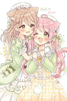 2girls ;d absurdres ahoge animal animal_ears beret black_necktie blush bow brown_hair cat_ears cat_girl cat_tail character_name collared_dress commentary_request dress elbow_gloves fushigi_na_neko_no_machi_meltier gloves green_bow green_eyes green_jacket hair_bow hair_ornament hands_up hat highres jacket long_hair makia_(fushigi_na_neko_no_machi_meltier) mob_cap moco_(fushigi_na_neko_no_machi_meltier) multiple_girls necktie one_eye_closed open_mouth pink_hair plaid_clothes plaid_skirt pleated_skirt puffy_short_sleeves puffy_sleeves rabbit sakura_oriko short_sleeves signature skirt smile tail twintails unmoving_pattern very_long_hair white_background white_bow white_dress white_gloves white_hat x_hair_ornament