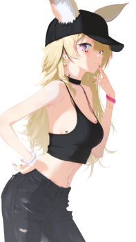 1girl alternate_costume animal_ear_fluff animal_ears bare_arms baseball_cap black_camisole black_choker black_pants black_streaks blonde_hair breasts camisole choker cleavage closed_mouth cohi27151463 commentary_request crop_top denim ears_through_headwear facial_mark fox_ears fox_girl hand_on_own_hip hand_up hat heart heart-shaped_pupils highres hololive jeans long_hair looking_at_viewer mark_under_eye medium_breasts midriff multicolored_hair navel omaru_polka pants pink_streaks purple_eyes simple_background smile solo streaked_hair symbol-shaped_pupils torn_clothes torn_jeans torn_pants virtual_youtuber white_background