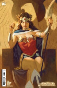 1girl black_hair blue_eyes cape comic_cover crossed_legs dc_comics english_text highres holding holding_weapon julian_totino_tedesco lasso_of_truth looking_at_viewer mixed_media official_art sitting solo superhero_costume weapon wonder_woman wonder_woman_(series)