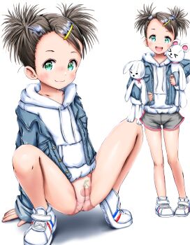 1girl absurdres ass black_hair blush censored cherry_print cleft_of_venus fat_mons flat_chest food_print fruit_print higeepon highres hood hood_down loli looking_at_viewer no_pants see-through_clothes short_hair smile solo spread_legs stuffed_toy tagme thighs third-party_edit upskirt x-ray