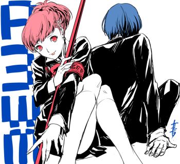 1boy 1girl armband artist_name blue_hair bow bowtie copyright_name gekkoukan_high_school_uniform hair_ornament hairclip headphones high_collar holding holding_polearm holding_weapon long_sleeves looking_at_viewer persona persona_3 persona_3_portable pink_eyes pink_hair polearm ponytail red_armband red_bow red_bowtie s.e.e.s saitou_rokuro school_uniform shiomi_kotone short_hair simple_background sitting skirt smile weapon white_background
