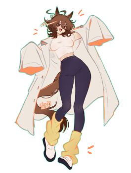 Rule 34 | 1girl, absurdres, agnes tachyon (umamusume), ahoge, animal ears, black leggings, breasts, brown hair, calamity brezze, chemical structure, coat, commentary, earrings, english commentary, hair between eyes, highres, horse ears, horse girl, horse tail, jewelry, lab coat, large breasts, leg warmers, leggings, medium hair, open clothes, open coat, open mouth, red eyes, shirt, shoes, short sleeves, single earring, sleeves past fingers, sleeves past wrists, smile, solo, tail, umamusume, white coat, white shirt