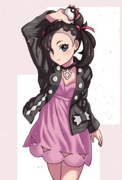 1girl arm_up asymmetrical_bangs black_choker black_hair black_jacket choker closed_mouth commentary_request cowboy_shot dress ear_piercing green_eyes hair_ribbon holding holding_poke_ball jacket marnie_(pokemon) nintendo piercing pink_dress poke_ball poke_ball_(basic) pokemon pokemon_swsh purple_dress ribbon solo standing undercut yakushima
