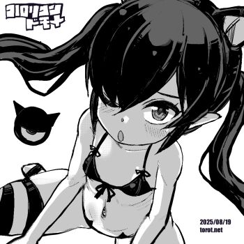 1girl ;o animal_ears backbeako_(torotei) backbeard bare_shoulders bikini blush breasts cat_ear_panties cat_ears collarbone commentary dated dated_commentary fake_animal_ears front-tie_bikini_top front-tie_top furrowed_brow gegege_no_kitarou greyscale hair_between_eyes hair_over_one_eye horizontal-striped_thighhighs kono_lolicon_domome loli long_hair looking_at_viewer monochrome navel one_eye_closed open_mouth original paid_reward_available panties pear-shaped_figure pointy_ears ribs simple_background sitting small_breasts solo spread_legs stomach striped_clothes striped_thighhighs swimsuit thighhighs torotei translated twintails underwear very_long_hair wariza watermark web_address white_background