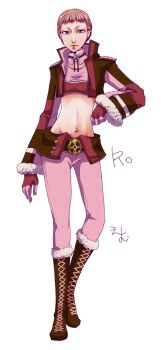 Rule 34 | 1girl, alternate color, boots, brown boots, brown jacket, closed mouth, commentary request, crop top, expressionless, flowery peko, full body, fur-trimmed boots, fur-trimmed sleeves, fur trim, gloves, gunslinger (ragnarok online), highres, jacket, lace-up boots, long sleeves, looking at viewer, midriff, navel, open clothes, open jacket, pants, pink hair, pink pants, purple eyes, ragnarok online, red gloves, short bangs, short hair, simple background, solo, standing, white background