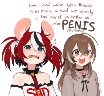 2girls :d animal_ear_fluff animal_ears black_choker black_hair blue_eyes brown_eyes brown_hair choker collar commentary crying crying_with_eyes_open dice_hair_ornament english_commentary english_text gradient_hair grey_hoodie hair_between_eyes hair_ornament hakos_baelz hakos_baelz_(1st_costume) hololive hololive_english hood hoodie long_hair mouse_ears mouse_girl multicolored_hair multiple_girls nanashi_mumei nanashi_mumei_(casual) official_alternate_costume open_mouth red_hair sharp_teeth smile spiked_collar spikes tears teeth twintails upper_teeth_only virtual_youtuber white_hair yoako