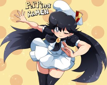 1girl black_eyes black_hair character_name chef_hat closed_mouth commentary_request food food-themed_hair_ornament hair_ornament hat highres long_hair minoyama_0401 one_eye_closed peppina_ramen_(ketrindarkdragon) pizza pizza_hair_ornament pizza_tower short_sleeves skirt smile solo thighhighs twintails very_long_hair