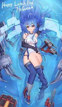 1girl absurdres afloat ahoge azur_lane bare_shoulders blue_hair blue_thighhighs blush boots breasts cleavage dress elbow_gloves gloves hair_between_eyes happy_birthday helena_(azur_lane) highres kyl490 long_hair looking_at_viewer medium_breasts ocean purple_eyes rigging ship_turret smile solo thighhighs very_long_hair water