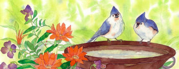 animal animal_focus bird blue_jay bowl colorful commentary commentary_request english_commentary flower flower_request highres ishidakyoko mixed-language_commentary no_humans original outdoors painting_(medium) purple_flower red_flower scenery traditional_media water watercolor_(medium)