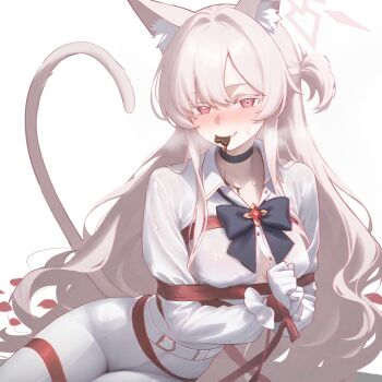 1girl akira_(blue_archive) animal_ear_fluff animal_ears belt belt_buckle black_bow black_bowtie black_choker blue_archive blush bound bound_wrists bow bowtie breasts buckle candy cat_ears cat_girl cat_tail chocolate chocolate_heart chocolate_on_body choker colored_eyelashes commentary extra_ears fang food food_in_mouth food_on_body frilled_sleeves frills gloves halo heart heart-shaped_food heart_in_eye heavy_breathing highres long_hair long_sleeves looking_at_viewer medium_breasts mellow_(srpp4843) melting mouth_hold nose_blush one_side_up pants red_eyes red_ribbon ribbon ribbon_bondage shirt simple_background sitting skin_fang solo sweat untranslatable_commentary symbol_in_eye tail tail_raised white_background white_belt white_gloves white_hair white_halo white_pants white_shirt