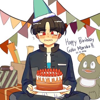 1boy absurdres birthday birthday_cake black_hair blue_jacket blue_pants blush box cake character_name commentary crossed_legs crying crying_with_eyes_open dated english_commentary food gift happy_birthday hat highres holding holding_plate jacket looking_at_food male_focus maruko_gaku needle pants party_hat patchwork_clothes plate red_eyes sewing_needle shirt short_hair sitting solo stelmao stuffed_toy tears the_hundred_line_-last_defense_academy- thread white_shirt wrapping_paper