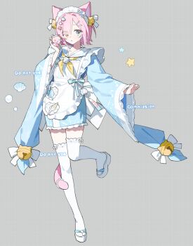 1girl ame_ame animal_ear_fluff animal_ears apron blue_eyes blue_kimono blunt_bangs cat_ears cat_girl cat_tail commission frilled_apron frilled_kimono frilled_sleeves frills full_body grey_background heterochromia highres japanese_clothes kimono long_sleeves looking_at_viewer maid_headdress neckerchief okobo original parted_bangs parted_lips pink_hair platform_sandals sailor_collar sailor_kimono sandals short_hair simple_background solo standing standing_on_one_leg tabi tail thighhighs watermark white_apron white_sailor_collar white_sandals white_thighhighs wide_sleeves yellow_eyes yellow_neckerchief