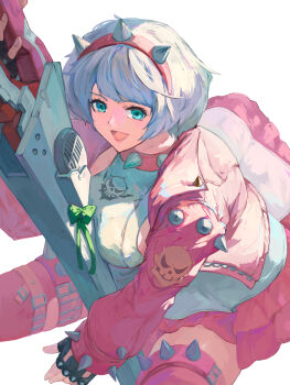 1girl ahoge aqua_eyes bow bracelet breasts collar elphelt_valentine fingerless_gloves gloves green_bow grey_hair guilty_gear guilty_gear_strive gun hairband highres holding holding_gun holding_weapon huge_ahoge jacket jewelry large_breasts mazaki_oekaki open_mouth pink_jacket rifle short_hair sideboob simple_background skirt solo spiked_bracelet spiked_collar spiked_hairband spikes thick_thighs thigh_strap thighs weapon white_background