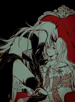 2girls absurdres commentary english_commentary heterochromia highres hypatia_(path_to_nowhere) looking_at_another mitsukyou multiple_girls path_to_nowhere synex_(path_to_nowhere) thighhighs yuri