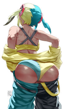 1girl ass back bandeau bare_shoulders belt black_pants blonde_hair blue_hair blue_panties blue_pants breasts canari_(pokemon) clothes_pull dark-skinned_female dark_skin highres huge_ass jacket large_breasts long_sleeves mask medium_hair mouth_mask multicolored_hair nintendo off_shoulder panties pants pokemon pokemon_legends:_z-a solo split-color_clothes split-color_hair thighs twintails two-tone_pants uenoryoma underwear yellow_bandeau yellow_jacket yellow_panties