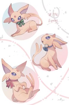 absurdres character_name commentary_request espeon forked_tail gen_2_pokemon highres looking_up lying nintendo no_humans nullma open_mouth pokedex_number pokemon pokemon_(creature) pokemon_focus purple_eyes ribbon smile tail
