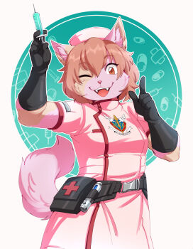 animal_ears cat_ears chou_shittou_caduceus commission frogbians furry furry_female gloves hat ivy_the_wolfcat latex latex_gloves nurse nurse_cap original syringe tail tonegawa_anju