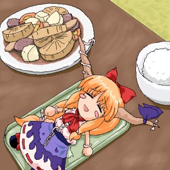 1girl =_= blush_stickers bow chibi food hair_bow horn_bow horn_ornament horn_ribbon horns ibuki_suika kaiou_(coolier) lowres lying neckerchief no_nose oni purple_bow red_bow red_neckerchief ribbon shirt sleeveless sleeveless_shirt solo touhou wrist_cuffs