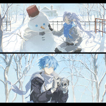 Rule 34 | 1boy, 1girl, black gloves, blue hair, camera, frieren, gloves, green eyes, grey hair, pointy ears, scarf, snow, snowing, snowman, sousou no frieren, tree