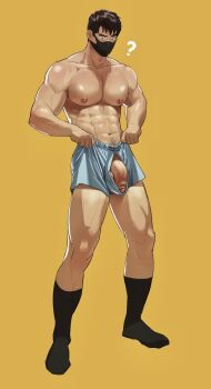 Rule 34 | 1boy, ?, abs, artist name, bara, black mask, black socks, blue male underwear, brown hair, covered mouth, foreskin, full body, highres, huge pectorals, large penis, looking down, male focus, male underwear, muscular, muscular arms, muscular male, naoki (xhju8282), nipples, original, penis, shiny skin, simple background, socks, solo, testicle peek, testicles, thick eyebrows, thighs, topless male, underwear, wardrobe malfunction, yellow background