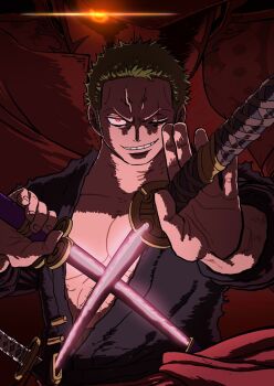 1boy dual_wielding fighting_stance glowing glowing_eye green_hair grin holding holding_sword holding_weapon japanese_clothes katana kimono looking_at_viewer male_focus mixed-language_commentary multiple_swords official_art one_eye_closed one_piece pectorals red_sash roronoa_zoro sash scar scar_across_eye scar_on_chest scar_on_face shaded_face short_hair smile solo sword upper_body weapon