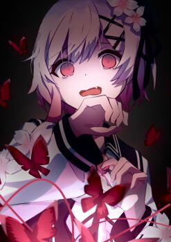 1girl black_background bug butterfly commentary_request fang flower hair_flower hair_ornament hands_up highres ice_(iceoic_4) insect long_sleeves looking_at_viewer mahou_shoujo_no_majo_saiban multicolored_hair open_mouth pink_eyes pink_hair red_butterfly sakuraba_ema scared short_hair solo tearing_up upper_body white_hair x_hair_ornament