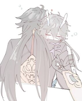 2boys bad_id bad_twitter_id bare_shoulders blade_(honkai:_star_rail) blush closed_eyes dan_heng_(honkai:_star_rail) dan_heng_(imbibitor_lunae)_(honkai:_star_rail) hair_between_eyes hand_up hands_on_another's_waist head_on_another's_shoulder honkai:_star_rail honkai_(series) horns hug long_hair multiple_boys pointy_ears simple_background uzu0411 white_background yaoi