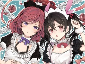 Rule 34 | 2girls, apron, black bow, black hair, bow, bra, commentary request, flower, hair bow, hand up, looking at viewer, love live!, love live! school idol project, maid apron, multiple girls, nishikino maki, open mouth, outline, own hands together, purple eyes, purple ribbon, red eyes, red flower, red hair, red ribbon, red rose, ribbon, rose, short twintails, simple background, szs25252, twintails, underwear, white outline, yazawa nico, yuri