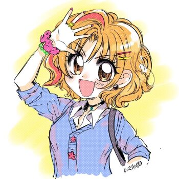 1girl ben-day_dots black_choker blue_cardigan bracelet brown_eyes cardigan choker collared_shirt cropped_arms cropped_torso dated earrings fingernails gals! gyaru hair_ornament hairclip jewelry kotobuki_ran long_fingernails looking_at_viewer multicolored_hair nail_polish oceaninspace open_mouth orange_hair pink_nails pink_scrunchie red_hair red_streaks ring screentones scrunchie shirt short_hair signature smile solo white_shirt wrist_scrunchie