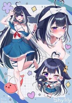 1girl absurdres animal_ears barefoot black_hair blue_collar blue_nails blue_skirt blush breasts cat_ears cleavage closed_mouth collar cropped_shirt facial_mark heart highres indie_virtual_youtuber konatsu_miki large_breasts long_hair looking_at_viewer multicolored_hair nail_polish open_mouth purple_eyes shirt shylily shylily_(1st_costume) shylily_(6th_costume) skirt smile solo streaked_hair thigh_strap tongue tongue_out very_long_hair virtual_youtuber white_hair white_shirt