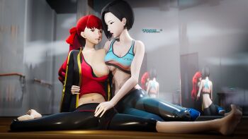 1futa 1girl 3d amateurthrowaway assertive_female asymmetrical_docking bad_anatomy black_eyes black_hair breast_press breasts bulge clothes_pull coach_hiraguchi english_text futa_with_female futanari highres looking_at_another medium_breasts nipples one_breast_out persona persona_5 persona_5_the_royal red_eyes red_hair shirt_pull sports_bra tank_top yoshizawa_kasumi