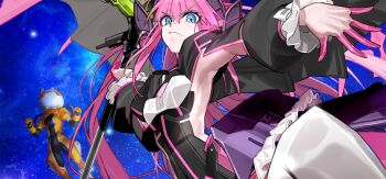 2girls armor blue_eyes blue_sky clothing_cutout colored_extremities dragon_girl dragon_horns dragon_wings elizabeth_bathory_(fate) elizabeth_bathory_(perfect)_(third_ascension)_(fate) fate/grand_order fate_(series) fujimaru_ritsuka_(female) fujimaru_ritsuka_(female)_(captain_chaldea) game_cg helmet holding holding_polearm holding_weapon horns large_variant_set long_hair long_sleeves looking_at_viewer multiple_girls official_art pink_hair pointy_ears polearm sky space space_helmet spacesuit star_(sky) third-party_source variant_set very_long_hair wada_arco weapon wings