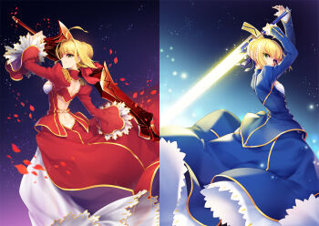10s 2girls aestus_estus ahoge artoria_pendragon_(fate) backless_dress backless_outfit blonde_hair breasts cleavage_cutout clothing_cutout dress epaulettes excalibur_(fate/stay_night) fate/extra fate/stay_night fate_(series) frilled_sleeves frills glowing glowing_sword glowing_weapon green_eyes hair_intakes hair_ribbon juliet_sleeves light_particles long_sleeves medium_breasts multiple_girls nero_claudius_(fate) nero_claudius_(fate/extra) petals puffy_sleeves ribbon saber_(fate) see-through_clothes short_hair smile split_screen sword weapon yeruen