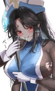 1girl absurdres black_hair blue_tabard bodystocking bodysuit breasts brown_bodysuit cross cross_earrings earrings gloves goddess_of_victory:_nikke hat highres holding holding_mace holding_weapon iwazaki jewelry long_hair looking_at_viewer mace maiden_(ice_rose)_(nikke) maiden_(nikke) official_alternate_costume red_eyes solo tabard tattoo tongue_mark tongue_tattoo torn_bodystocking torn_clothes weapon white_gloves