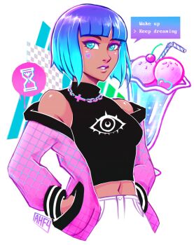 1girl aqua_eyes aqua_hair blue_hair bob_cut breasts cardigan checkered choice commentary cross cross_necklace dark_skin eyeshadow facial_tattoo female_focus food hands_in_pockets heart heart_tattoo hourglass iahfy ice_cream jacket jewelry makeup midriff navel necklace off_shoulder original parted_lips short_hair sleeveless sleeveless_turtleneck small_breasts solo speech_bubble sundae tattoo transparent_background turtleneck