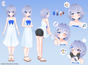 1boy 1girl :t ;) absurdres ass bare_arms bare_legs bare_shoulders basher bike_shorts black_gloves blowing_kiss blue_background blue_bow blue_eyes blush boros_(ouro_kronii) bow clothes_lift collarbone color_guide commentary disembodied_hand dress dress_lift english_commentary english_text feet frown gloves gradient_background grey_hair hair_between_eyes hair_bow hair_intakes hands_on_another's_cheeks hands_on_another's_face highres hololive hololive_english lifting_own_clothes male_focus mars_symbol multiple_views one_eye_closed ouro_kronii personification pointy_ears pout reference_sheet sandals short_hair simple_background smile snake_boy snake_tail spoken_mars_symbol spoken_object spoken_sweatdrop sundress sweatdrop tail trap virtual_youtuber white_dress