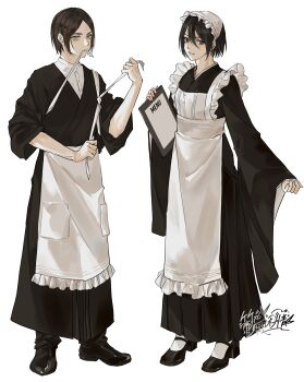 1boy 1girl absurdres apron black_hair black_kimono black_shoes brown_hair butler dress_shoes eren_yeager facial_scar frilled_apron frills full_body green_eyes grey_eyes hair_between_eyes highres holding holding_menu japanese_clothes kimono maid maid_apron maid_headdress mary_janes menu mikasa_ackerman mouth_hold parted_bangs parted_lips ribbon ribbon_in_mouth scar scar_on_cheek scar_on_face shingeki_no_kyojin shoes short_hair sleeves_rolled_up smile waist_apron white_background wide_sleeves zhuse_fuxianqing