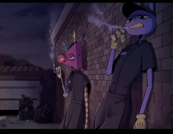 Rule 34 | 1boy, 1other, @ @, absurdres, against wall, animal ears, apron, asymmetrical horns, black apron, black hat, black pants, black shirt, cigarette, colored sclera, commentary, dorkmammu ddk, dumpster, english commentary, gloves, gold teeth, hat, highres, holding, holding cigarette, horns, jax (the amazing digital circus), mismatched horns, name tag, official alternate costume, pants, purple fur, rabbit boy, rabbit ears, shirt, smoke, smoke trail, smoking, spatula, teeth, the amazing digital circus, trash bag, yellow gloves, yellow sclera, zooble (the amazing digital circus)
