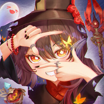 1girl black_nails blush brown_hair close-up commentary_request flower genshin_impact ghost hat hat_flower highres hu_tao_(genshin_impact) jewelry long_hair portrait red_eyes ring smile solo symbol-shaped_pupils twintails
