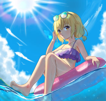 1girl :o absurdres afloat barefoot beach blonde_hair blush chinese_commentary cloud cloudy_sky commentary day eyewear_on_head from_below hair_between_eyes hair_tie hand_in_own_hair highres lifebuoy light_rays looking_at_viewer maribel_hearn ocean open_mouth shiro_(user_1048334293) short_hair sky solo sun swim_ring swimsuit touhou yellow_eyes