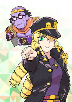 1boy 1girl :| akuyaku_reijou_tensei_ojisan belt black_hat black_jacket blonde_hair chain closed_mouth cosplay drill_hair fingerless_gloves gakuran glasses gloves grace_auvergne green_eyes hat highres jacket jojo_no_kimyou_na_bouken jojo_pose kujo_jotaro&#039;s_pose kujo_jotaro_(cosplay) kuujou_joutarou long_coat long_hair notebook pointing school_uniform smile stand_(jojo) tondabayashi_kenzaburou ueyama_michirou very_long_hair writing
