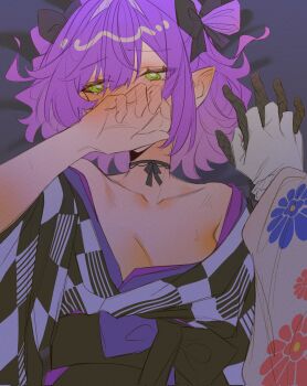 2girls black_choker blush breasts checkered_clothes checkered_kimono choker collarbone female_pov fishnet_gloves fishnets floral_print gloves green_eyes hair_ribbon hair_rings highres hololive interlocked_fingers japanese_clothes kimono lace lace_choker legzy momosuzu_nene momosuzu_nene_(new_year) multiple_girls official_alternate_costume official_alternate_hairstyle pointy_ears pov purple_hair ribbon short_hair single_glove tokoyami_towa tokoyami_towa_(new_year) virtual_youtuber yuri