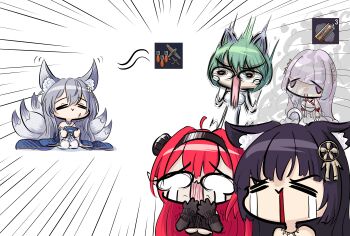 5girls absurdres admiral_nakhimov_(azur_lane) animal_ear_fluff animal_ears azur_lane black_gloves black_hairband black_horns blue_kimono breasts chibi chibi_only commentary_request controller crying crying_with_eyes_open fake_animal_ears fox_ears fox_girl gjacky gloves green_hair grey_hair hairband highres hindenburg_(azur_lane) holding holding_controller horns japanese_clothes kimono kitsune kyuubi large_tail multiple_girls multiple_tails musashi_(azur_lane) plymouth_(azur_lane) purple_eyes purple_hair red_hair scared shinano_(azur_lane) smoke tail tears thighhighs white_tail white_thighhighs world_of_warships