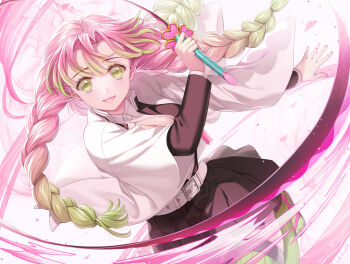 1girl :d belt belt_buckle black_jacket black_sandals black_skirt braid breasts buckle cleavage commentary_request curtained_hair demon_slayer_uniform gradient_hair green_eyes green_hair green_thighhighs haori highres jacket japanese_clothes kanroji_mitsuri kimetsu_no_yaiba kudo_kunugi large_breasts long_hair long_sleeves looking_at_viewer mole mole_under_each_eye mole_under_eye multicolored_hair multiple_braids multiple_moles open_mouth pink_hair pleated_skirt ribbed_thighhighs sandals shirt skirt smile solo thighhighs tri_braids tri_tails two-tone_hair weapon whip_sword white_belt white_haori white_shirt