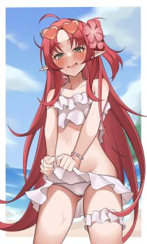 1girl absurdres ahoge arknights bikini blush clothes_lift collarbone eyewear_on_head flower frilled_bikini frilled_thigh_strap frills green_eyes hair_flower hair_ornament heart heart-shaped_eyewear highres lifting_own_clothes long_hair looking_at_viewer myrtle_(arknights) myrtle_(summer_flowers)_(arknights) navel nekohitsuj96199 official_alternate_costume open_mouth orange-framed_eyewear pointy_ears red_hair smile solo stomach swimsuit swimsuit_lift thigh_strap white_bikini