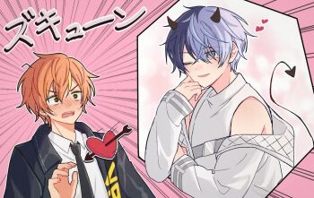 2boys aoyagi_touya arrow_through_heart biyo black_eyes black_necktie blonde_hair blue_hair blush collared_shirt commentary_request competitive_fire!_(project_sekai) demon_horns demon_tail hand_up heart highres horns jacket layered_clothes long_sleeves male_focus mole mole_under_eye multicolored_hair multiple_boys necktie nervous_sweating official_alternate_costume one_eye_closed open_clothes open_jacket open_mouth orange_hair overcome_one's_limits_(project_sekai) project_sekai shinonome_akito shirt short_hair sleeveless smile split-color_hair streaked_hair sweat tail two-tone_hair upper_body white_jacket white_shirt yaoi