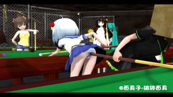 &gt;_&lt; 1boy 3d 6+girls accident akita_neru animated animated_gif belt bent_over billiards cunt_punt fellatio fence hatsune_miku laughing mikumikudance_(medium) multiple_girls oral panties pantyshot poking posuimianju school_uniform sexually_suggestive shorts simulated_fellatio skirt smile standing striped_clothes striped_panties twintails underwear upskirt vocaloid